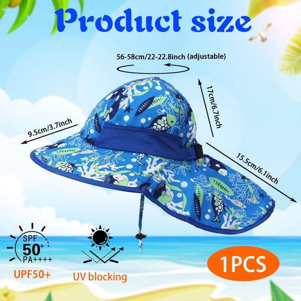 GLAITC Sun Hat Kids, Summer Cap with Neck Flap Adjustable Girls Boys Sun Hat UV Protection Beach Hat with Chin Straps Wide Brim Summer Visor Cap for Baby Toddler and Kids, 3-10 Years (Blue) 1