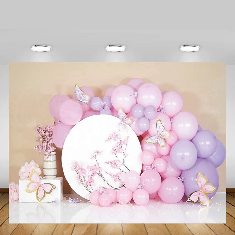 MEHOFOND 7x5ft Pink Girl Birthday Photography Backdrop Flower Balloons Butterfly Newborn Portrait Family Party Background Banner Cake Smash Decoration Photo Studio Booth Props Supplies 3