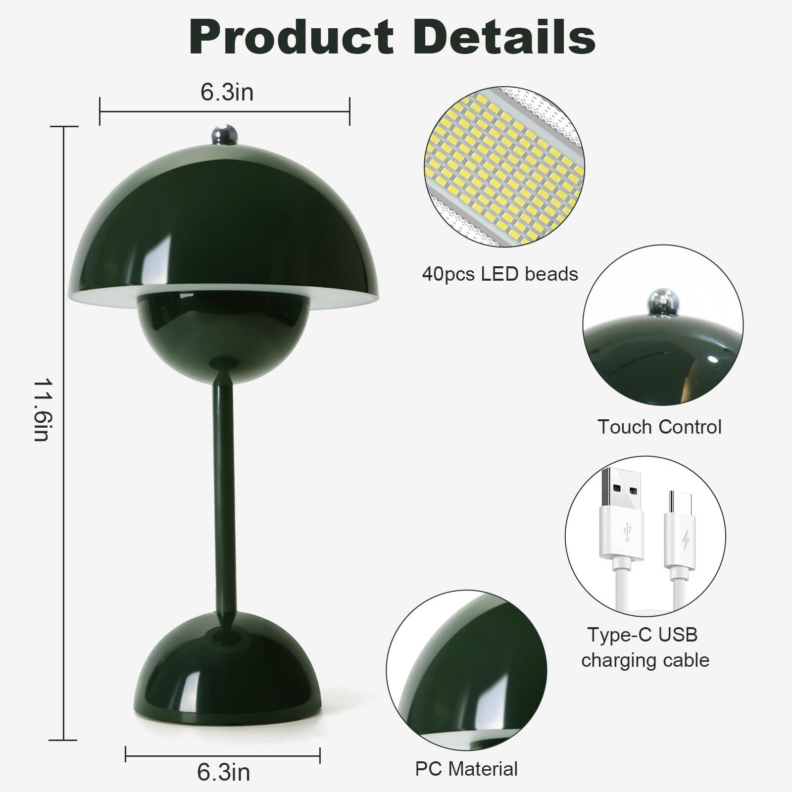 Flowerpot Mushroom LED Table Lamps,Rechargeable Modern Bud Macaron Lamp Vintage Touch Dimmable with 3 Color Bedside Light for Bedroom Living Room Home Office Wedding (Green) 1