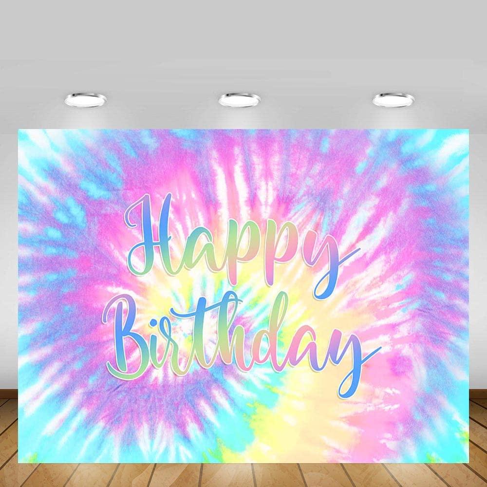 MEHOFOND 7x5ft Tie Dye Birthday Party Backdrop Macaron Pastel Girl Happy Birthday Background Rainbow Bday Party Decorations Cake Smash Table Banner Supplies Photo Studio Prpos 3