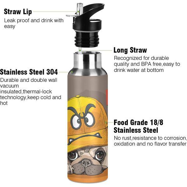 Stainless Steel Water Bottle with Straw, Funny Cartoon Pug Emoji Insulated Drink Flask Sports Water Bottle for Kids Adults, Leakproof, 600ml 3
