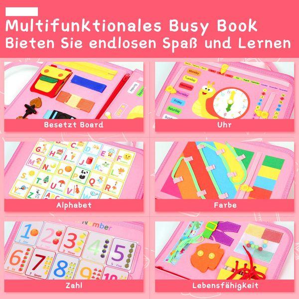 ACDAY Busy Book for 2 Year Old, Busy Board Montessori Sensory Toys for 1 3 4 Year Old, 4-Layer Quiet Book Lightweight & Portable Activity Board(Pink) 3