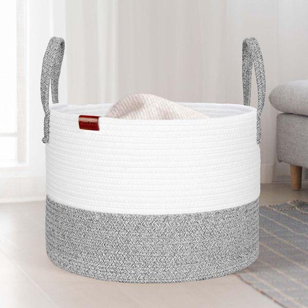 Aoohun Cotton Rope Laundry Basket, Woven Storage Baskets Collapsible Toy Hamper Storage Organiser Grey Small 40 x 28 cm 1