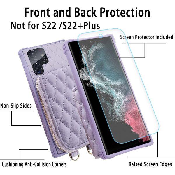 MONASAY Zipper Wallet Case for Samsung Galaxy S22 Ultra 5G, [Screen Protector ][RFID Blocking] Leather Handbag Phone Cover with Card Holder& Crossbody Shoulder Lanyard Strap,Light purple 2