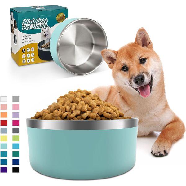 IKITCHEN Dog Bowl for Food and Water, 40 Oz Stainless Steel Pet Feeding Bowl, Durable Non-Skid Double Wall Insulated Heavy Duty with Rubber Bottom for Medium Large Sized Dogs(40Ounces/5Cup, MintGreen)