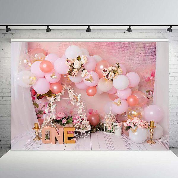 MEHOFOND 8x6ft Pink Girl 1st Birthday Backdrops Newborn Photography Props Balloons Flower Party Portrait Background Decoration Cake Smash Floral Birdcage Photo Studio Booth Supplies 1