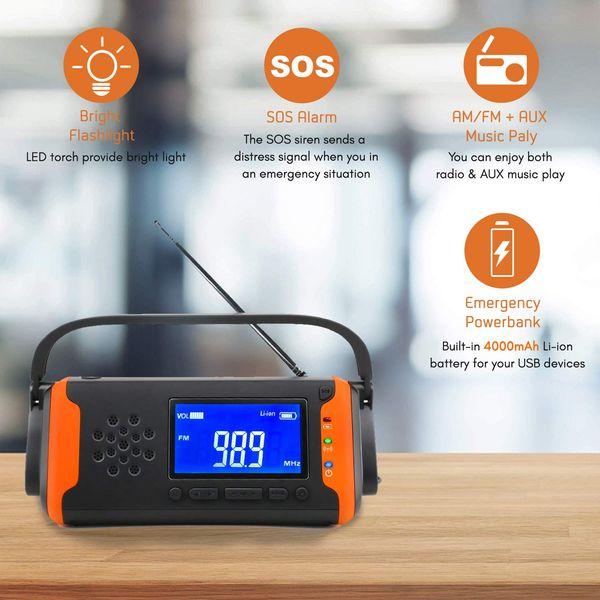 TKOOFN Hand Crank Emergency Radio FM AM, Portable Solar Generation Multifunction Outdoor LCD Display Novelty Radio USB Charge with 4000mAh as Power Bank/AUX Music Play/LED Torch/SOS Alarm 3