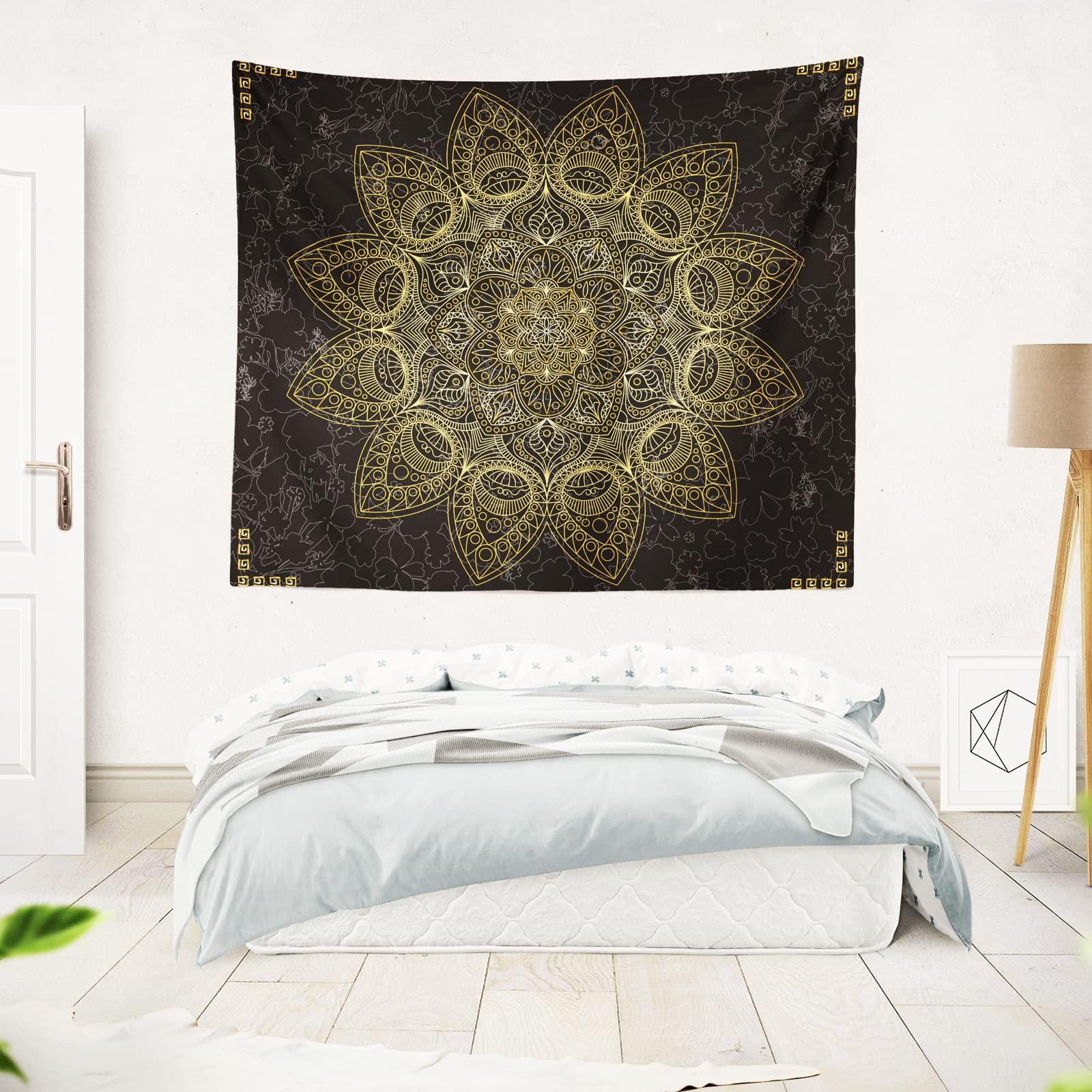 Berkin Arts Decor Tapestry for Wall Hanging Premium Polyester Fabric Backdrop Temporary Art Giant Lotus Mandala Ornate Galactic Gold Mandala Art 51.2 x 59.1 Inch 9