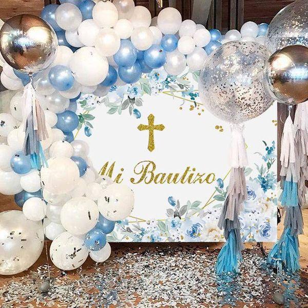 Mi Bautizo Backdrop Mexican Baptism Party Photo Background God Bless Boy First Holy Communion Blue Flower Decorate Banner Newborn Baby Shower Supplies (Blue, 8x6FT) 3