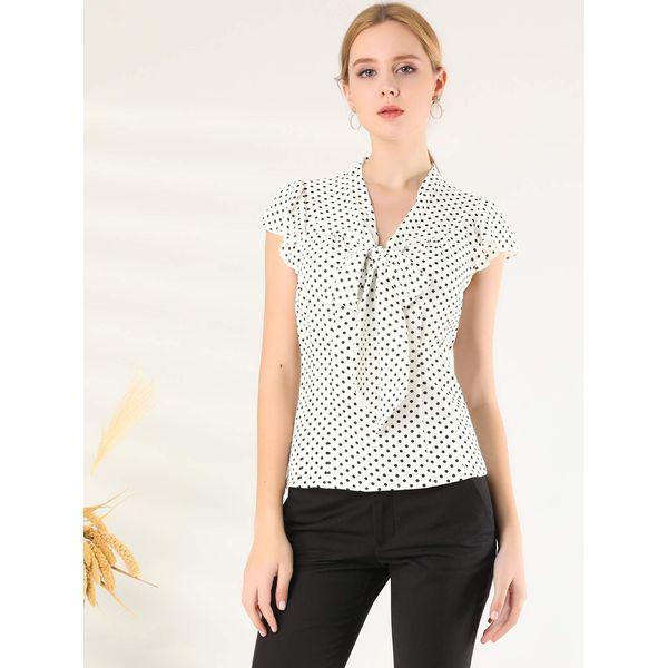 Allegra K Women's Polka Dots Office Shirt Ruffled Sleeve Tie Neck Blouse White S-8 3
