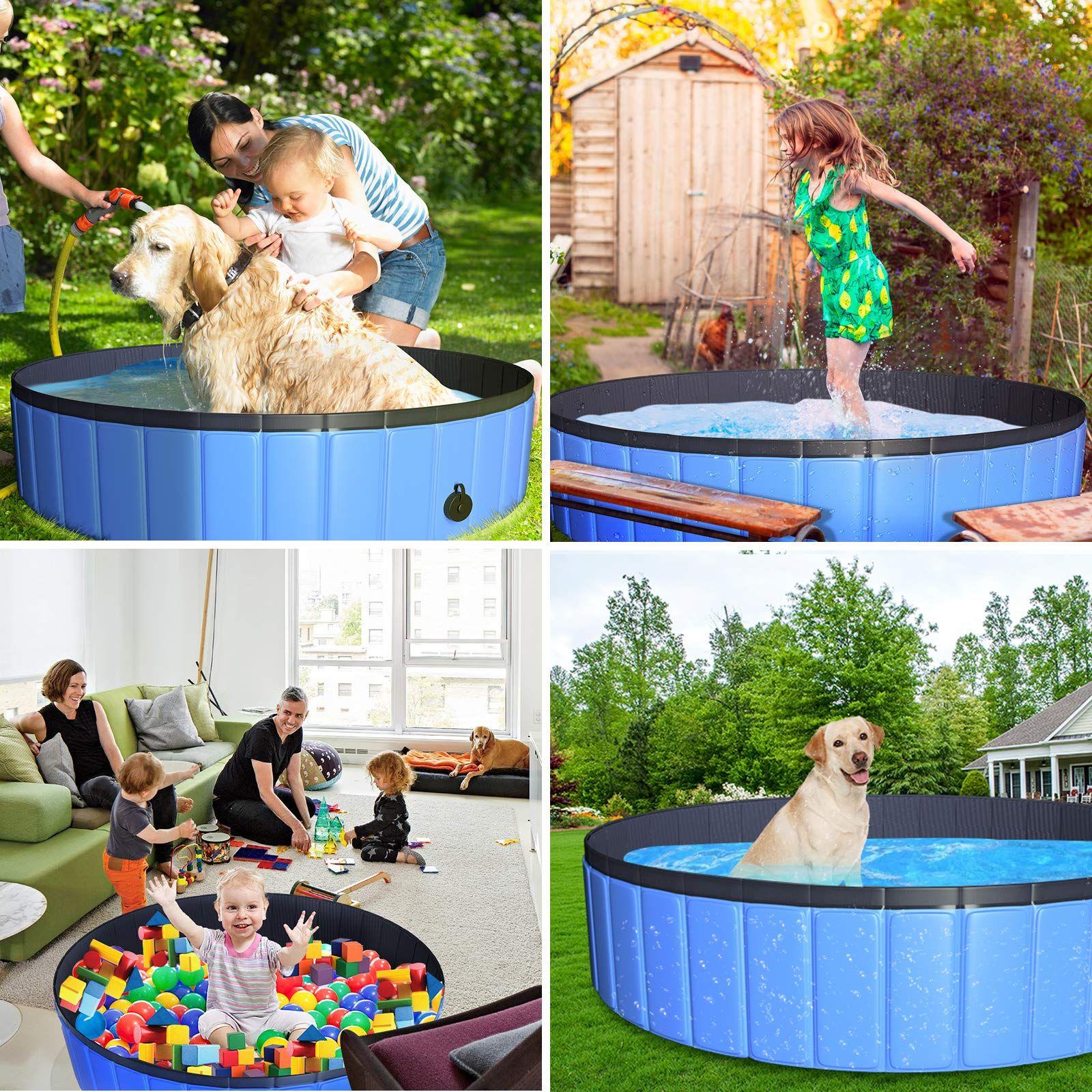 JUOIFIP Foldable Dog Paddling Pool 160x30 cm Extra Large Portable PVC Non-slip Swimming Bathing Tub for Pets & Kids Outdoor/Indoor Garden Backyard(Bonus Pet Bath Brush and Chew Toy) 2