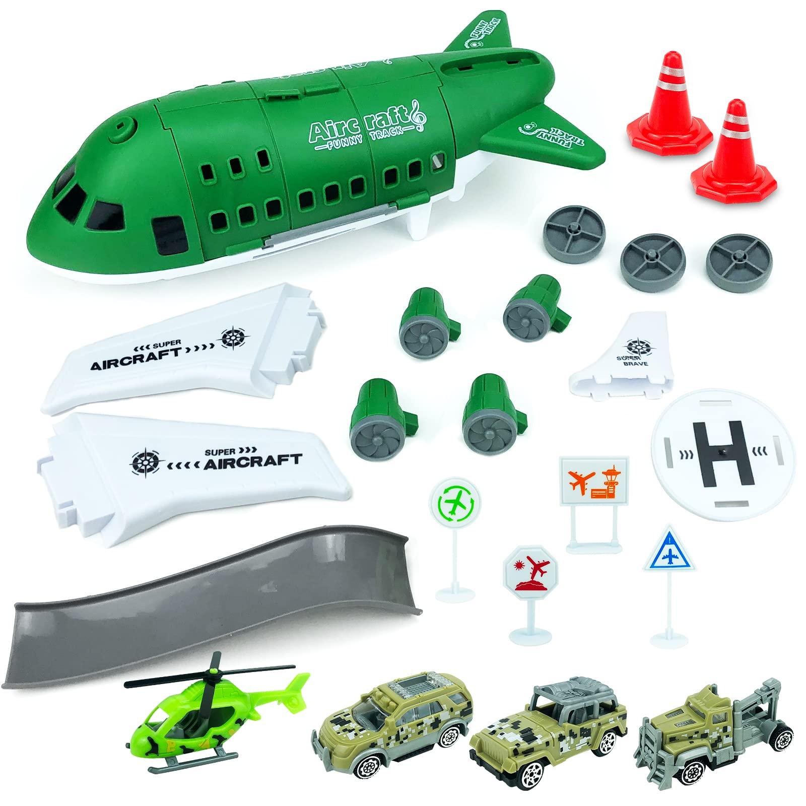 Plane Toy Transport Cargo Airplane Toys for 3 4 5 6 + Year Old Boys Girls,Kids Aircraft Playsets with 1 Helicopter & 3 Military Cars & 6 Road Signs 3