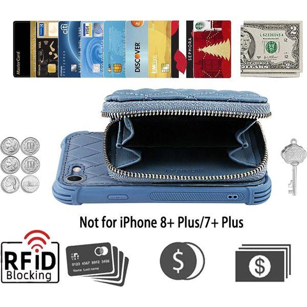 MONASAY Zipper Wallet Case for iPhone SE 2022/2020/8/7,[Glass Screen Protector] [RFID Blocking] Leather Handbag Phone Cover with Card Holder & Crossbody Lanyard Strap for Apple 7/8/SE2/SE3,Light blue 1