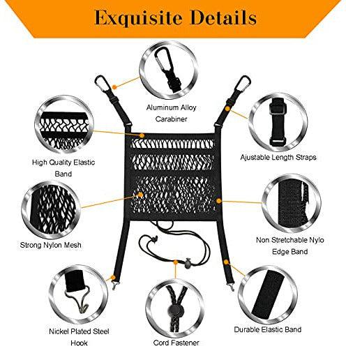 3-Layer Car Mesh Organizer with 2 Storage Hooks Seat Back Net Bag with Cord Fastener Stretchable Barrier of Backseat for Divider Pet Kids Driver Storage Netting Pouch 2