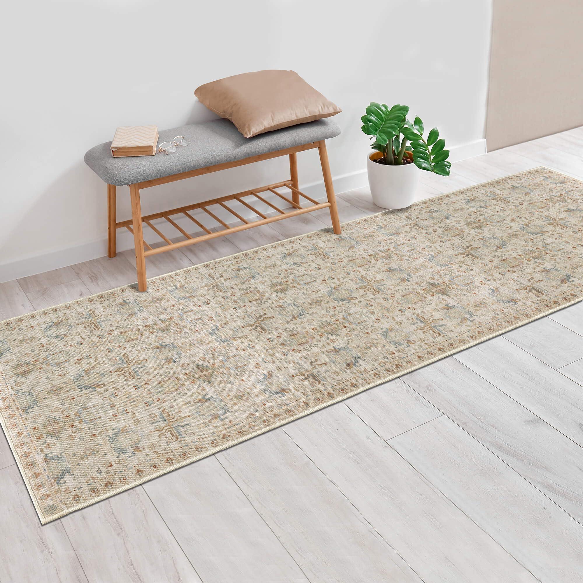 Vernal Sasae Machine washable, Non Shedding, Non Slip Area Rug for Living Room, Bedroom, Dining Room, Hallway, Kitchen, Pet Friendly, Beige/Stone Blue/Green, 76 cm X 243 cm 0