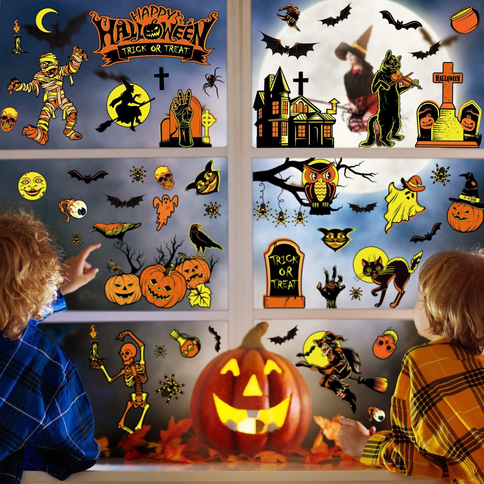 AnyDesign 9 Sheet Halloween Window Clings Witch Black Cat Pumpkin Ghost Skull Window Decals Double-Sided Vintage Trick or Treat Window Decor for Halloween Home School Office Decoration Party Supplies 2