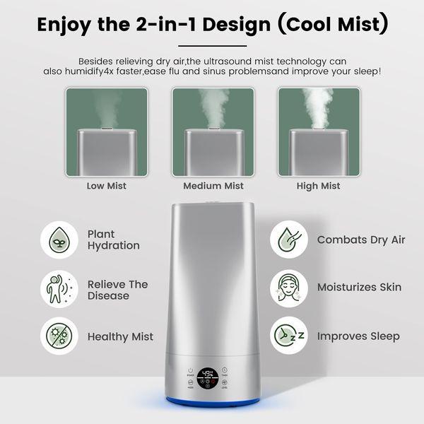 Cool Humidifiers for Large Home 3L, Ultrasonic Humidifier with Auto Mode, Dual Nozzles with Remote Control, Atmosphere lamp, 1-12H Timer, Office Room Plants, Up to 32H(Sliver) 2
