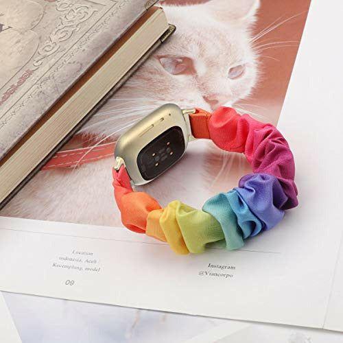 Chofit Straps Compatible with Fitbit Versa 3 Strap, Scrunchies Band Chiffon Satin Wristband Women Bracelet for Fitbit Sense/Versa 3 Smartwatch (Small, Rainbow) 4