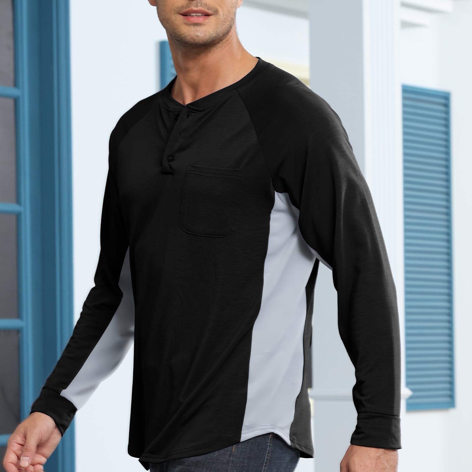 Ophestin Men's Henley Shirts Long Sleeve Tops for Men Casual Fashion Button T Shirts Black L 2