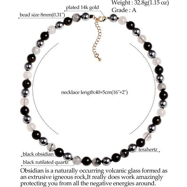 Jewboo Natural Gemstone Chokers Necklaces for Women Men Crystal Beaded Necklaces Crystals and Healing Stones Triple Protection (Black Obsidian/Terahertz/Black Rutilated Quartz) 1