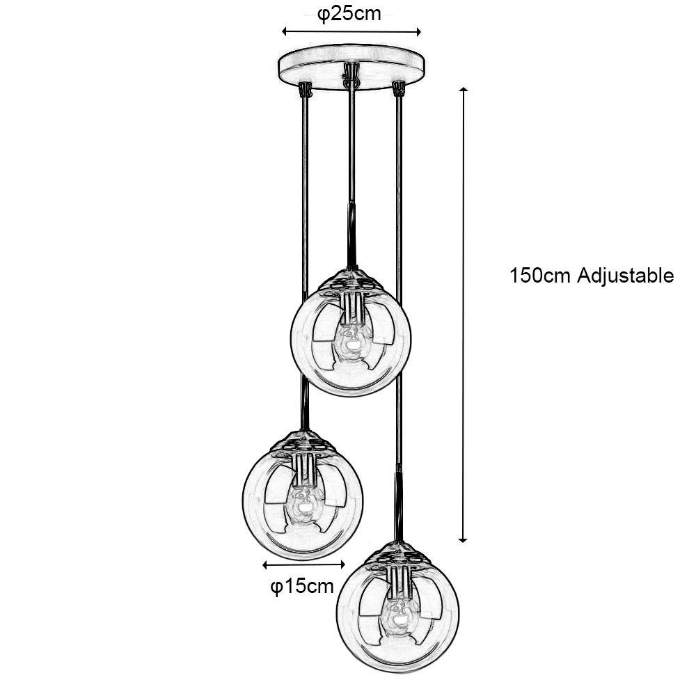 HJXDtech Industrial Vintage 3 Way Pendant Light Cluster Glass Globe Chandelier Brass Metal Ceiling Hanging Lamp Kitchen Dining Room Indoor Lighting Fixture (Clear Ball) 2