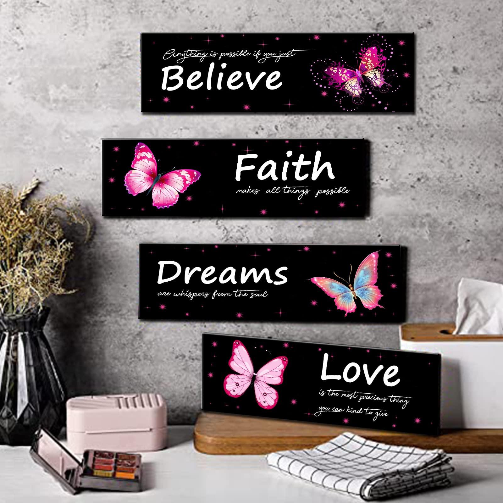 4 Pieces Butterfly Wall Decor Love Faith Believe Dreams Wall Art Wooden Inspirational Quote Hanging Signs Rustic Pink Stars Wall Plaque for Home Bathroom Living Room Decorations 12x4 inches 2