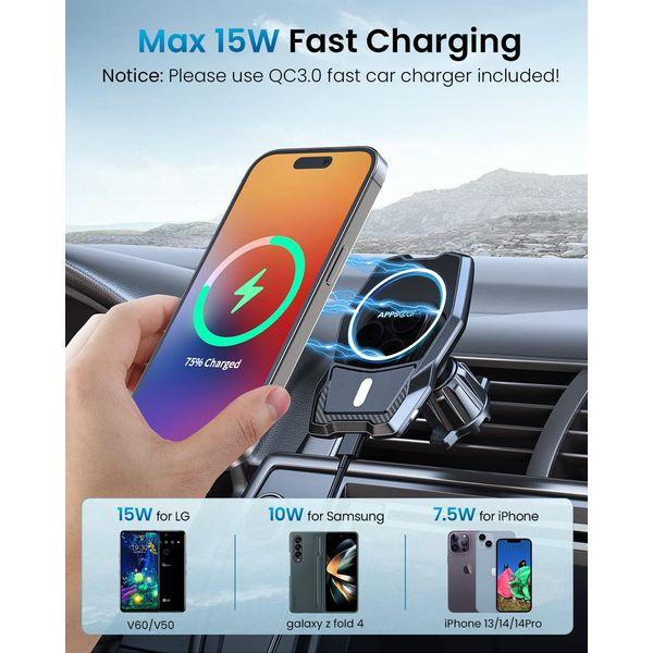 APPS2Car 15W Wireless Car Mount for Magsafe, Air Vent Magnetic Phone Holder for Car, Qi Fast Wireless Car Charger Use With Magnet Case Compatible for iPhone 12/13/Pro/Max/Mini Galaxy S21 and more 2