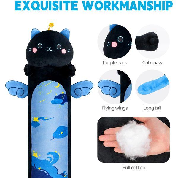 Mewaii 36in Long Cat Plush Pillows Stuffed Animals Squishy Pillows - Plushie Cute Starry Sky Kitty Sleeping Hugging Plush Pillow Soft Toys for Kids(Black & Blue) 1