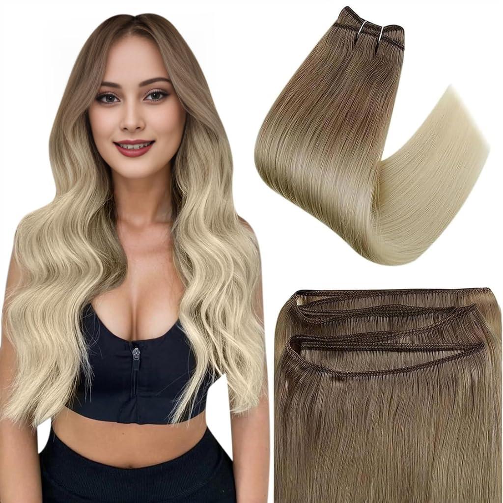 Easyouth Ombre Weft Human Hair Extensions Brown to Blonde Double Weft Extensions Remy Hair Sew in Extensions Real Hair Invisible Thick, 16 Inch, 100.0 gram