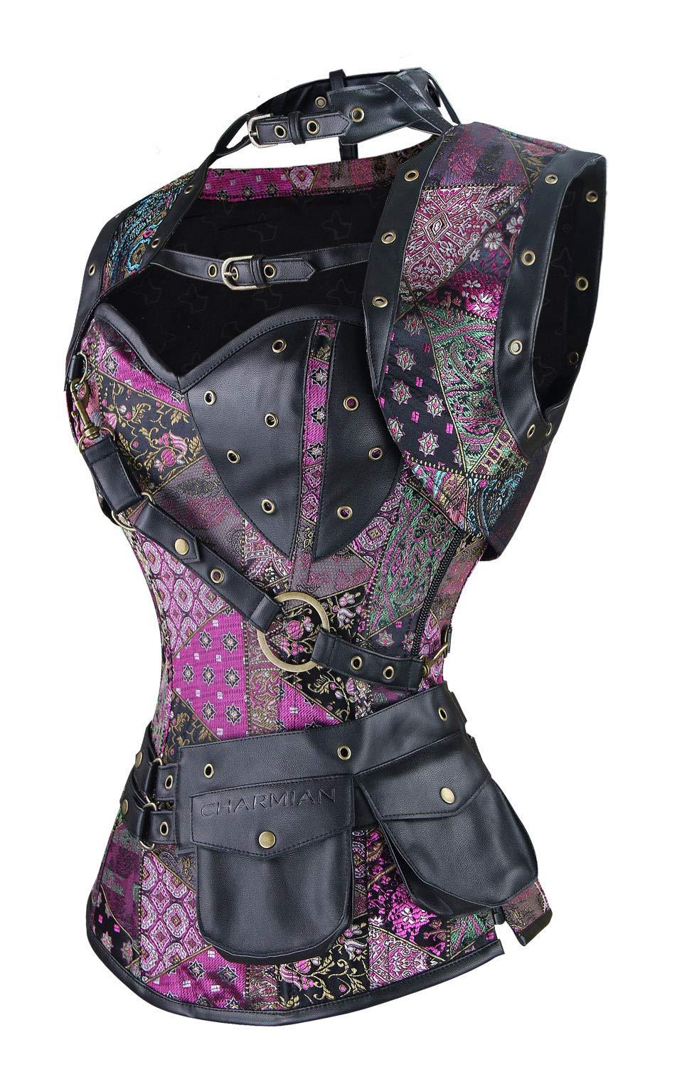 Charmian Women's Steel Boned Retro Goth Brocade Steampunk Bustiers Corset Top with Jacket and Belt Green Small 1