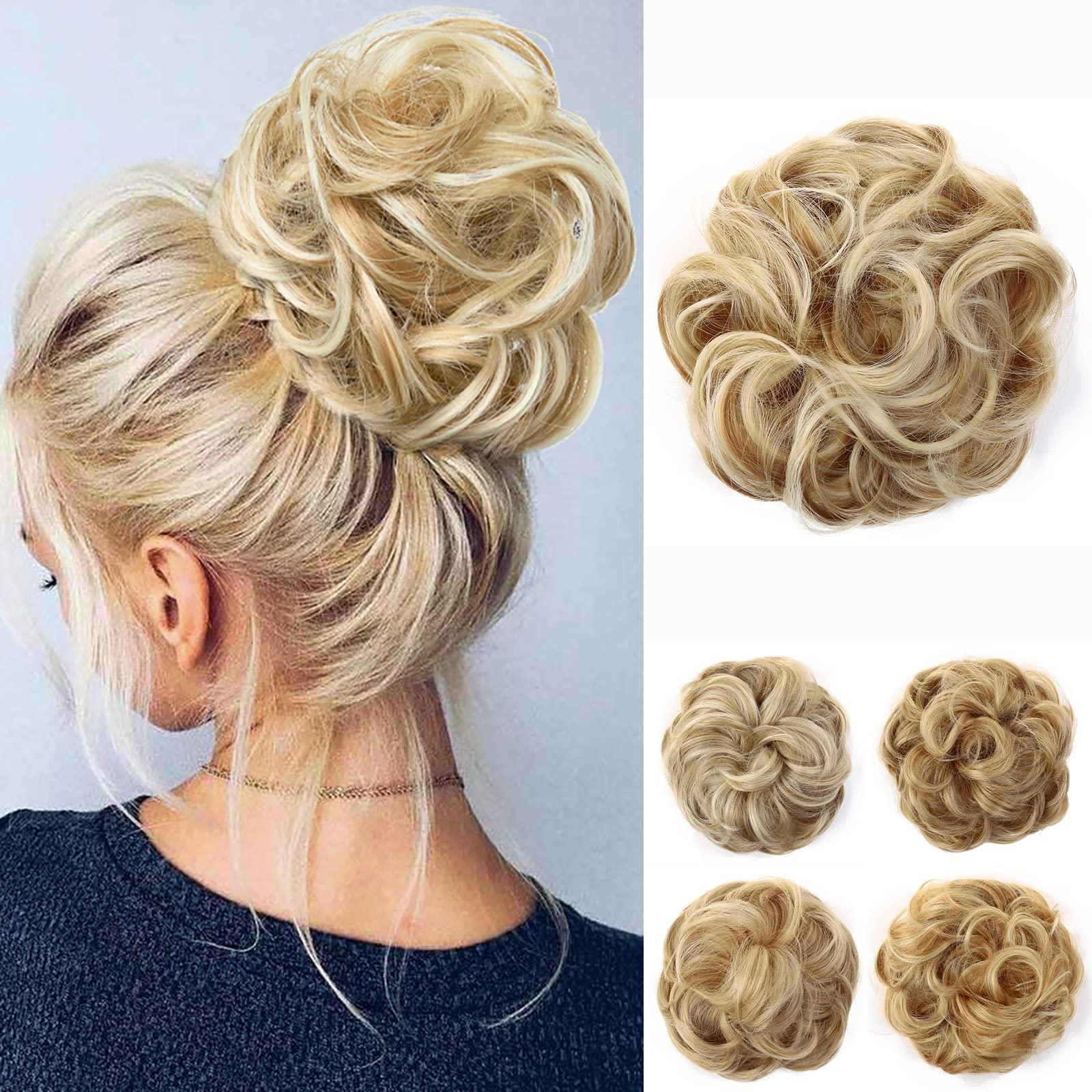 JJstar Messy Hair Bun Curly Wavy Hair Scrunchies Accessories Pieces for Women Girls Synthetic Hair Chignons (Dark Blonde/Beach Blonde)