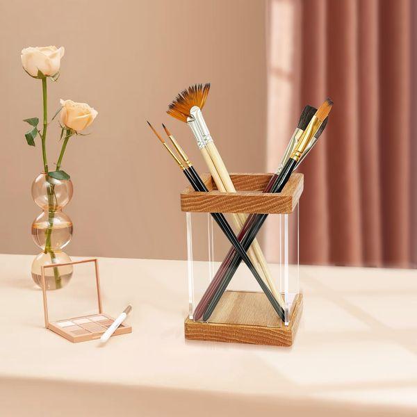 KOLYMAX Pen Holder Wooden and Acrylic Pencil Holder for Desk Office Pen Organizer, Clear Acrylic Pencil Pen Holder Cup, Makeup Brush Holder Acrylic Desk Accessories 1