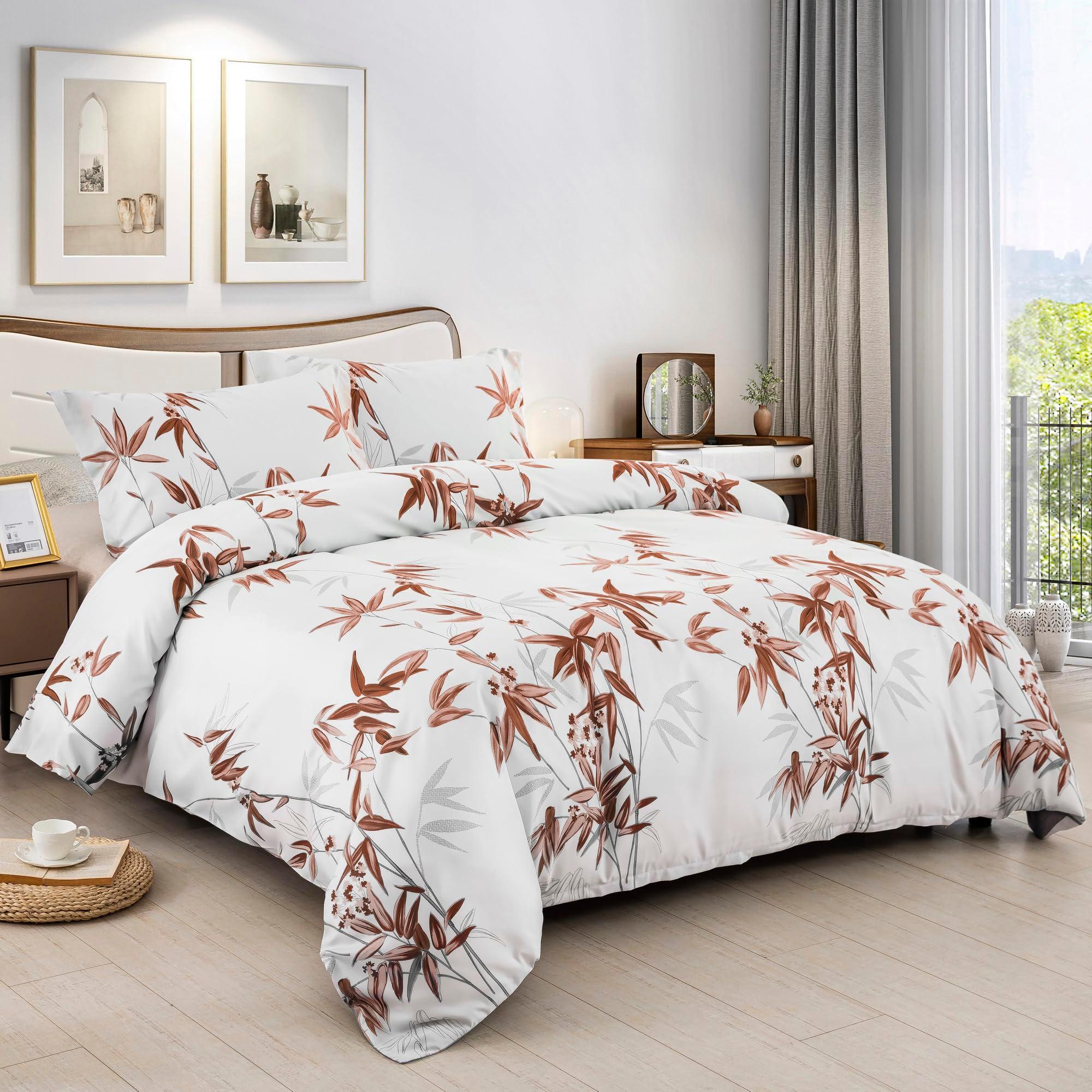 Djoymock Plants Duvet Cover Set King Size, 3 Pcs Brown Bamboo Leaves Bedding Set For Teens Adult Microfiber Reversible Soft Comforter Cover Set(1 Duvet Cover 220x230cm, 2 Pillowcases 50x75cm) 2