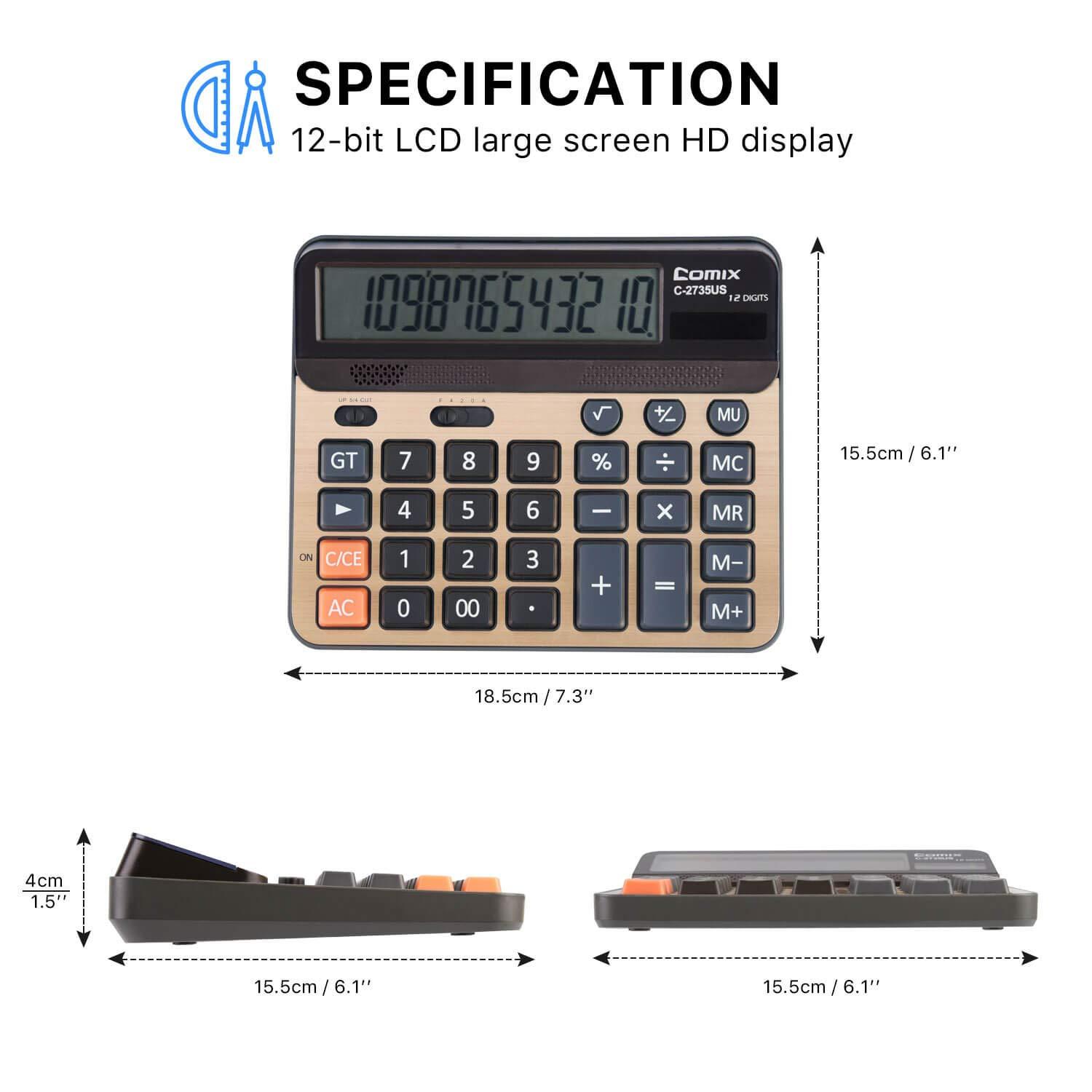 Calculator 12 Digits LCD Display Standard Function Desk Calculators with Large Computer Keys Dual Powered Solar Office Calculator Champaign Gold Color Panel for Handheld for Daily and Office (Golden) 1