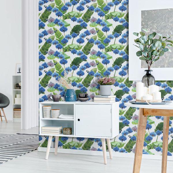 VaryPaper Phalaenopsis Floral Wallpaper Paste 44.5cmx800cm Blue Flower Contact Paper Removable Paste the Wall Wallpaper Self Adhesive Vinyl Wrap for Kitchen Countertops Living Room Furniture Wall Deco 4