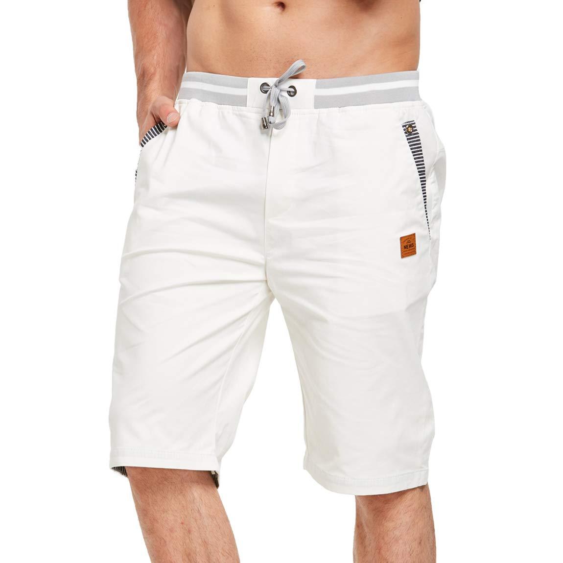 ZOXOZ Mens Shorts Summer Casual Shorts Cotton with Pockets Elastic Waist Drawstring White 3XL 4