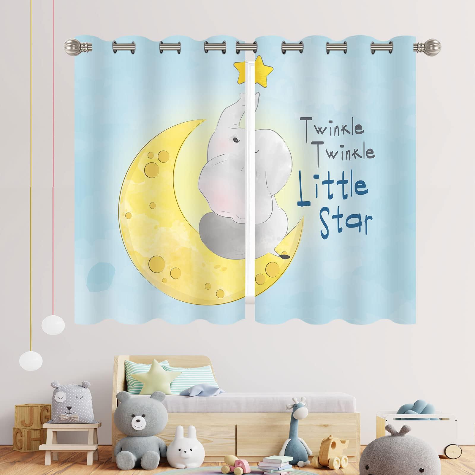 YISURE Nursery Blackout Curtains, Sleeping Baby Elephant and Moon Curtains for Kids' Bedroom, Darkening Eyelet Window Drapes with Grommets- 42x55 Inch 2 Panels