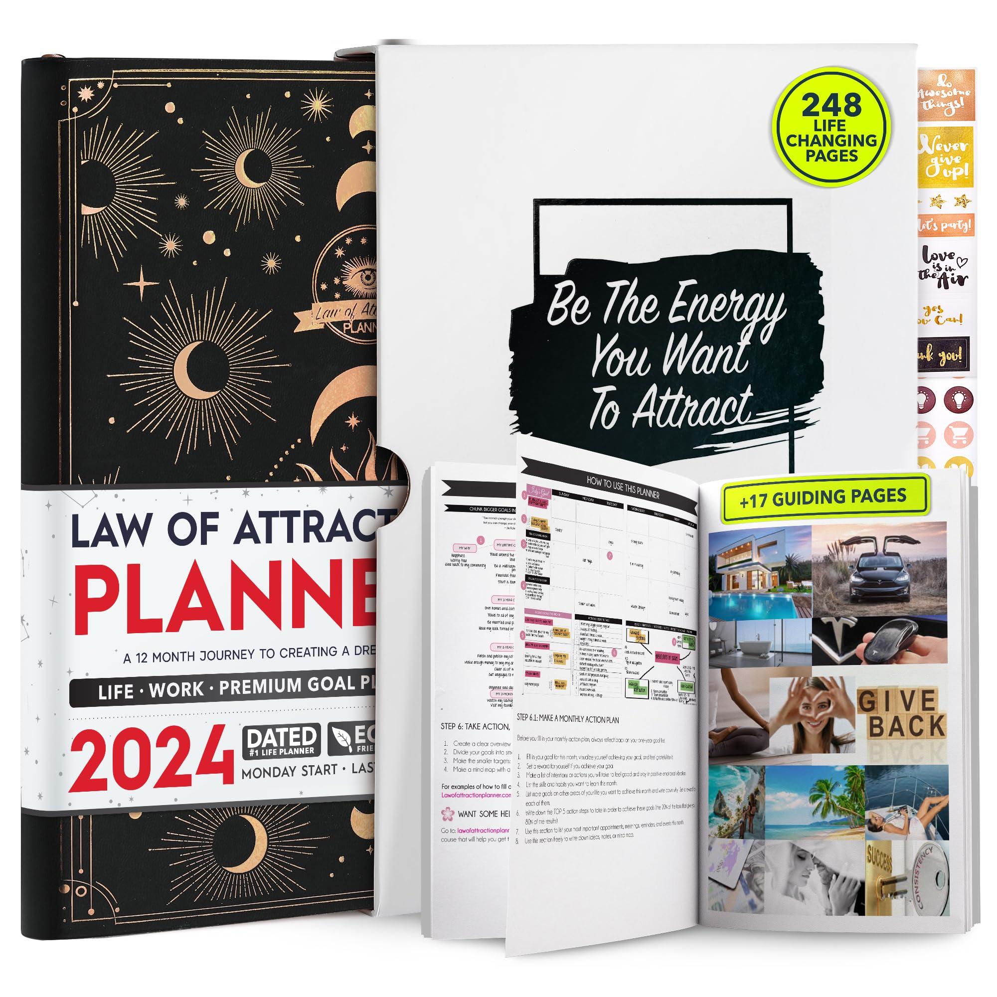 Law of Attraction Planner 2024 - Dated 2024 Planner, Hourly Planner, Daily Planner, Weekly Planner & Monthly Planner, Gratitude Journal, Positive Habit Maker, Vision Board, Stickers & Gift Box 0