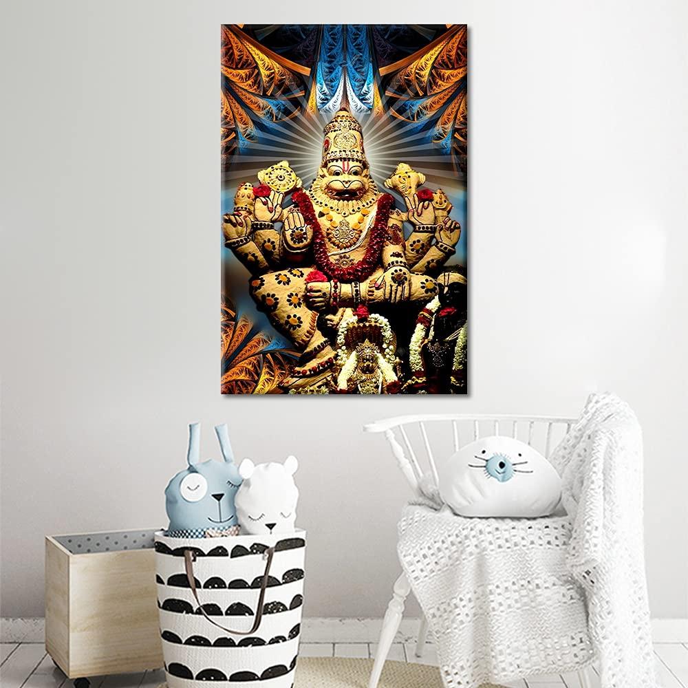 Living Room Wall Decorations Indian God Decor Narasimha Pictures for Bedroom 1 Piece Hinduism Cultural Canvas Wall Art Home Decor Framed Gallery-wrapped Stretched Ready to Hang (16''Wx 24''H) 1