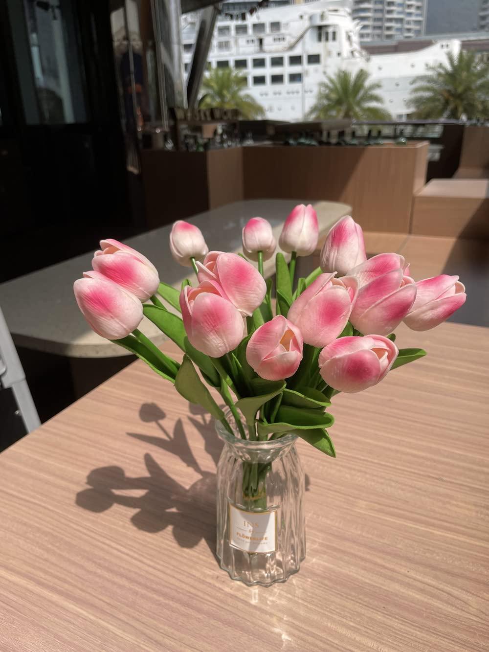 HSTOP 20PCS Real Touch Tulips PU Artificial Flowers, Faux Tulip Flowers Arrangement Bouquet for Wedding Party Home Dining Room Office Decoration (Pure Pink) 2