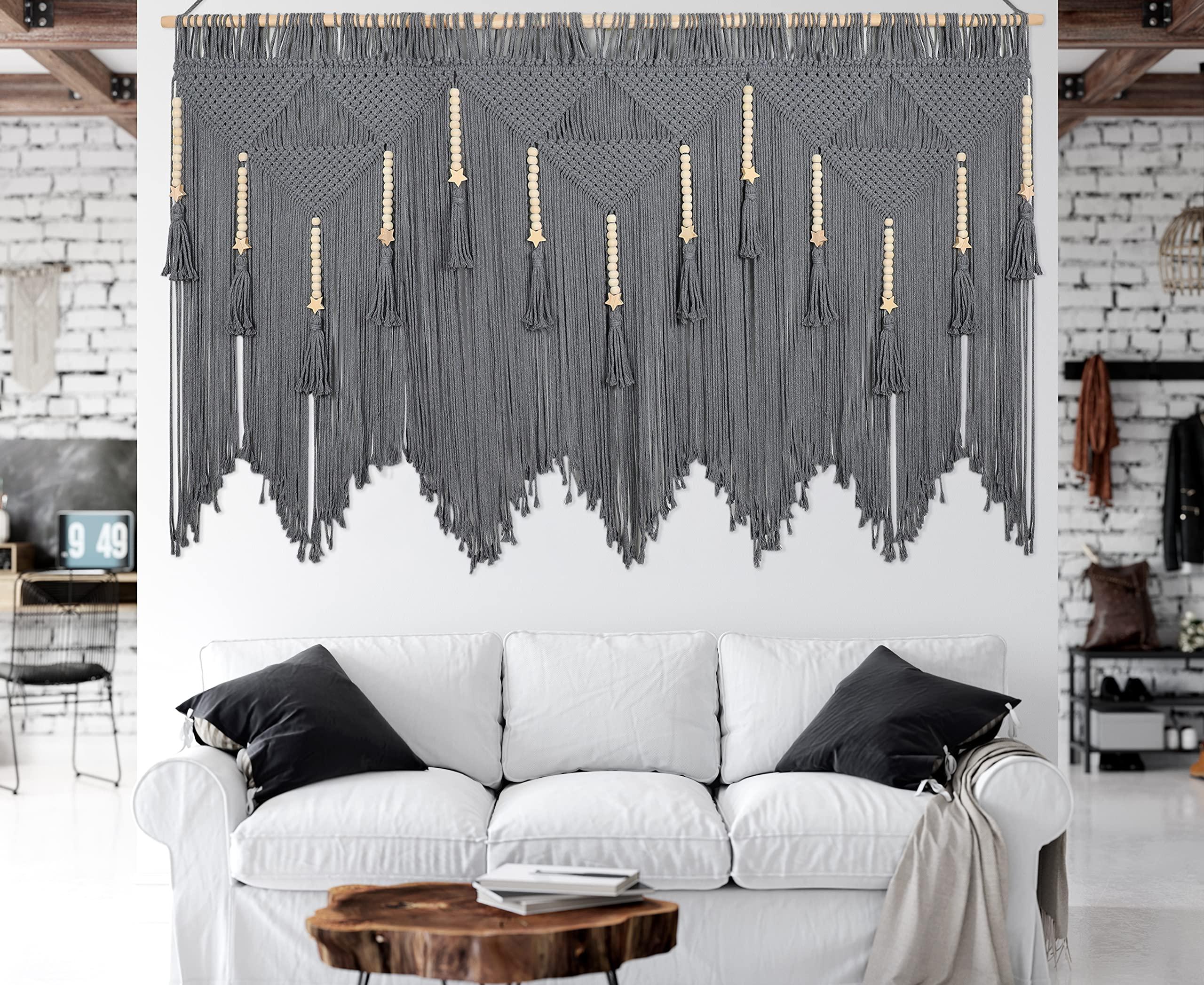 HOLAVIDA Woven Macrame Wall Hanging, Bohemian Geometric Decor Handmade Tassel Tapestry for Home Wall Decoration(Wood Dowels Not Included, 167cm×112cm)