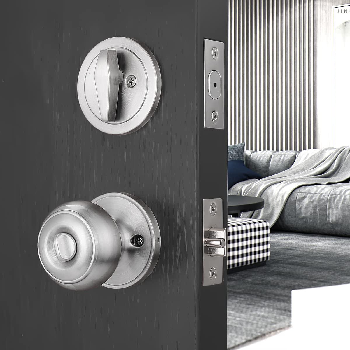 Probrico Front Entrance Door Locks with Cylinder Deadbolt, Brushed Nickel Exterior Door Knobs with Same Key and Lock, 5 Pack Exterior Door Handles 2