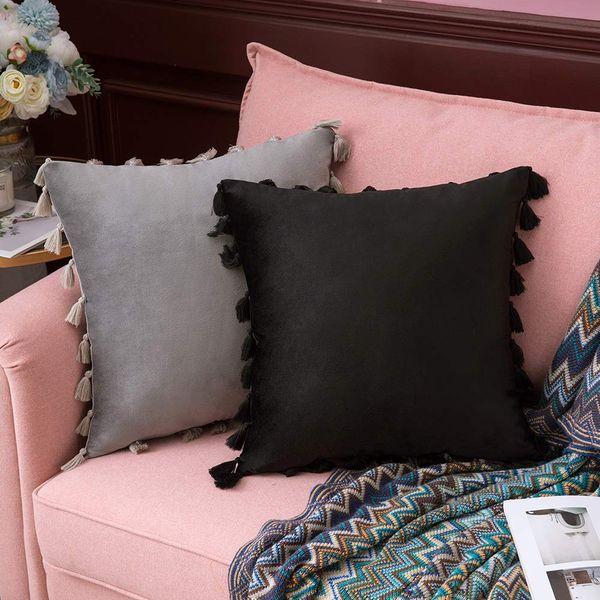 MIULEE Velvet Cushion Covers Tassel Design Pillowcases for Livingroom Sofa Bed Couch Home Decoration Pure Color 18x18 inch 45x45cm 2 Pieces Grayish white 3