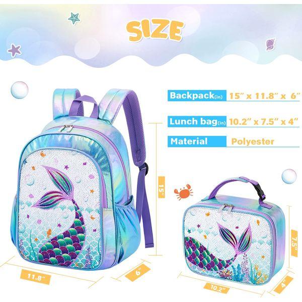 Sequin Mermaid Kids Backpack Set - Sparkly School Backpack with Lunch Bag for Girls Toddler Preschool Kindergarten Elementary 15” Hiking Travel Blue Laptop Book Bag Insulated Lunch Tote Bag 1