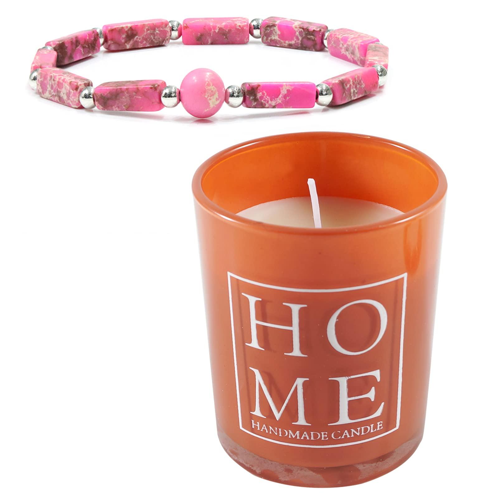 Soulnioi Scented Candle Soy Candle Aromatherapy Candle with 35 Hours Burn Time (Grapefruit & Oolong Tea Scent), and 1pc Natural Crystal Bracelet Rectangle Beaded Bracelet (Pink)