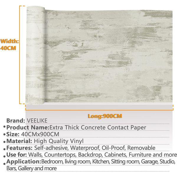 VEELIKE Thickened Cement Contact Paper 40 cm x 900 cm Industrial Concrete Effect Wallpaper Vintage Thick Lining Paper for Walls Livingroom Bedroom Kitchen Worktop Covering Waterproof Sticky Vinyl 3