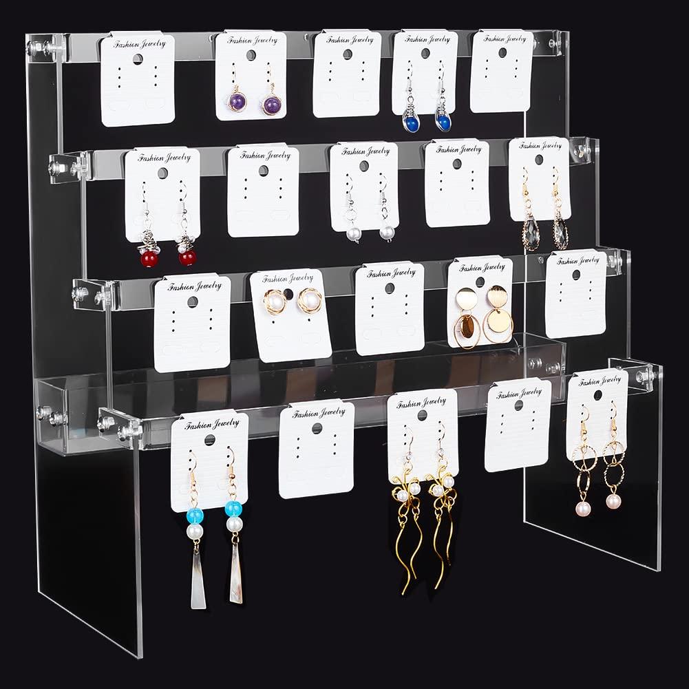 PH PandaHall Jewellery Holder Display 4-Tier Stud Earring Organizer Dangle Hoop Earring Storage Display Retail Jewellery Photography Props Jewellery Display with 28pcs Cards for Personal Exhibition