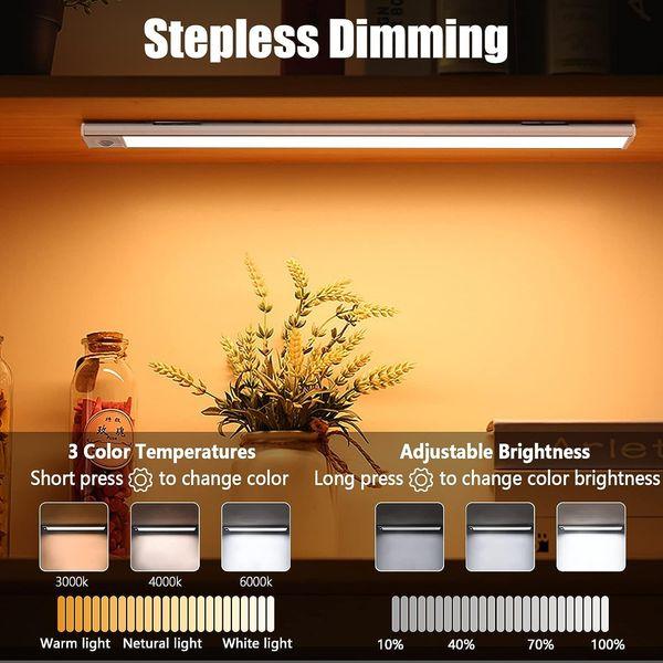 YELUFT Motion Sensor Rechargeable Wardrobe Light - 2000mAh 74 LED Cupboard Light Indoor Stepless Dimming 3 Color Temperature Wireless Under Cabinet Light for Stairs, Hallway, Restrooms(2Pcs) 4