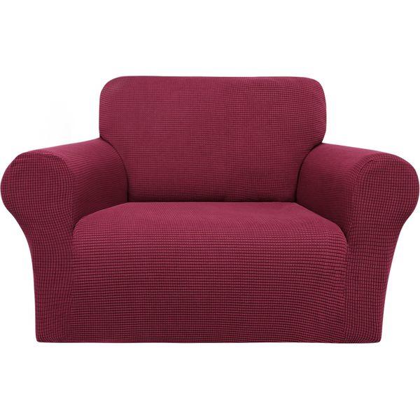 PiccoCasa Stretch Sofa Slipcover 1 Seater, 1-Piece Couch Cover for Sofa Living Room - Spandex Jacquard Checks Sofa Covers, Burgundy Washable Couch Furniture Cover for Dogs 0