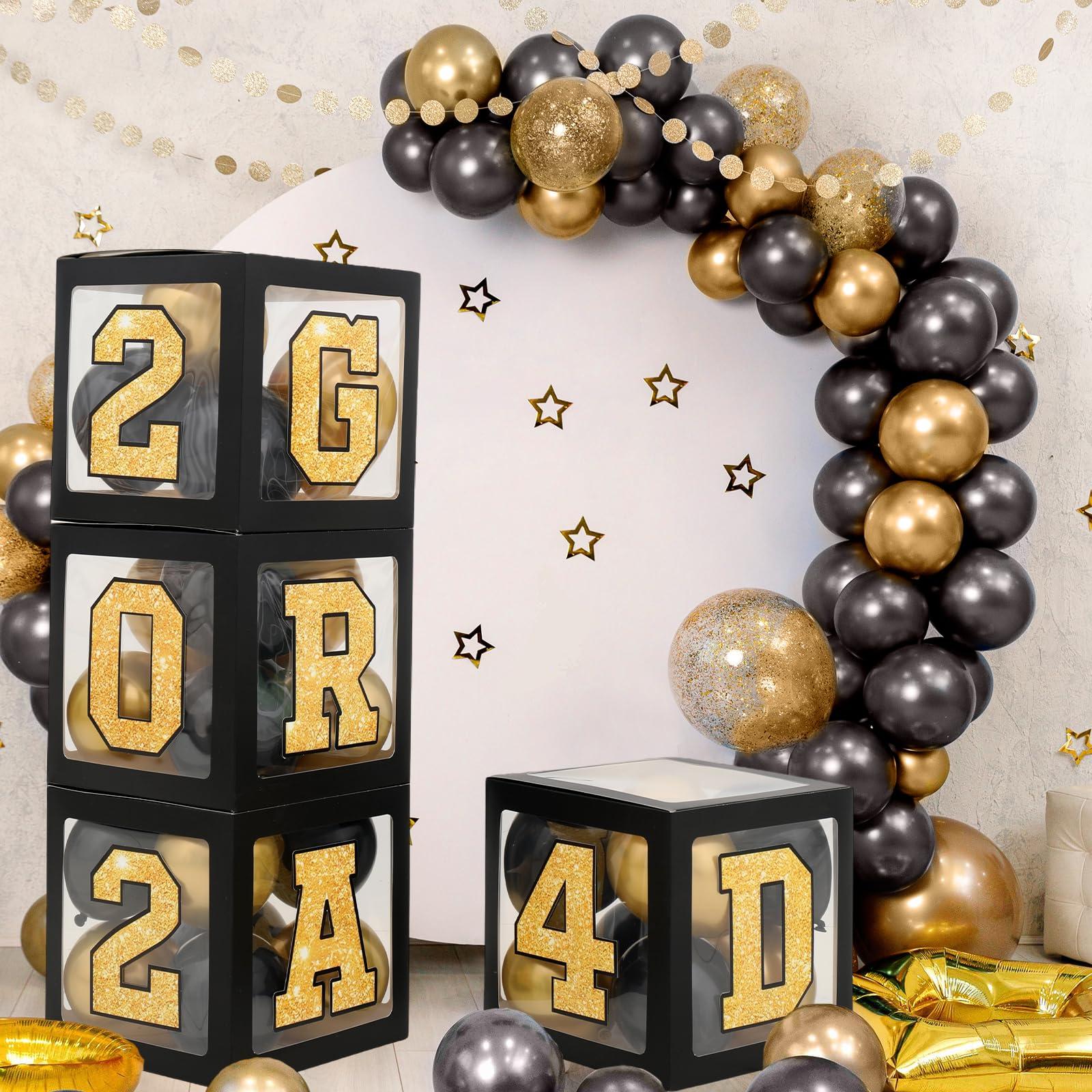 2024 Graduation Decorations Balloon Boxes - Black Gold Graduation Party Decorations Class Of 2024, 4pcs Balloons Box With Grad, 2024,Perfect For Graduation Prom Decorations Leavers 2024 Decorations 2